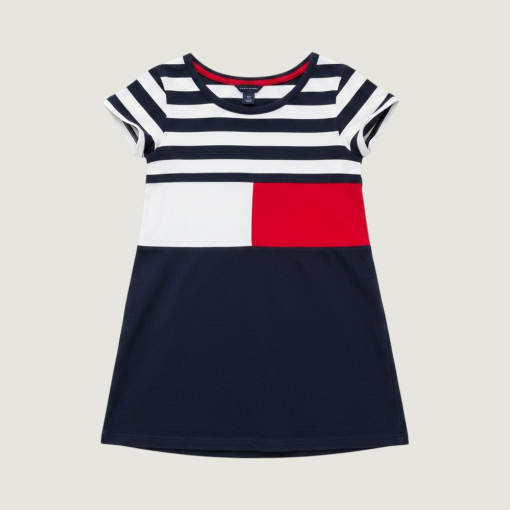 Tommy Hilfiger Girls Navy White Striped Colorblock Flag T-Shirt Dress Size S 7